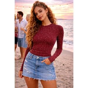 Free People Night Sky Long Sleeve Sparkly Top Aged Red M/L